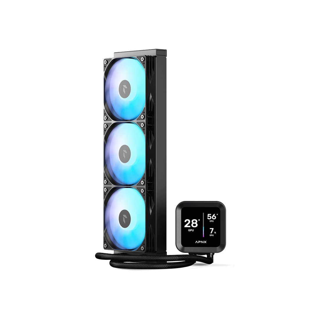 Кулер с водяным охлаждением, APNX, LC1-D 360 BK , Intel 1851/1700/1200/115х и AMD AM5/AM4/, TDP 320W, 3*120мм ARGB, 600-1800RPM±10%, 81,5CFM, 38 dB(A), Чёрный