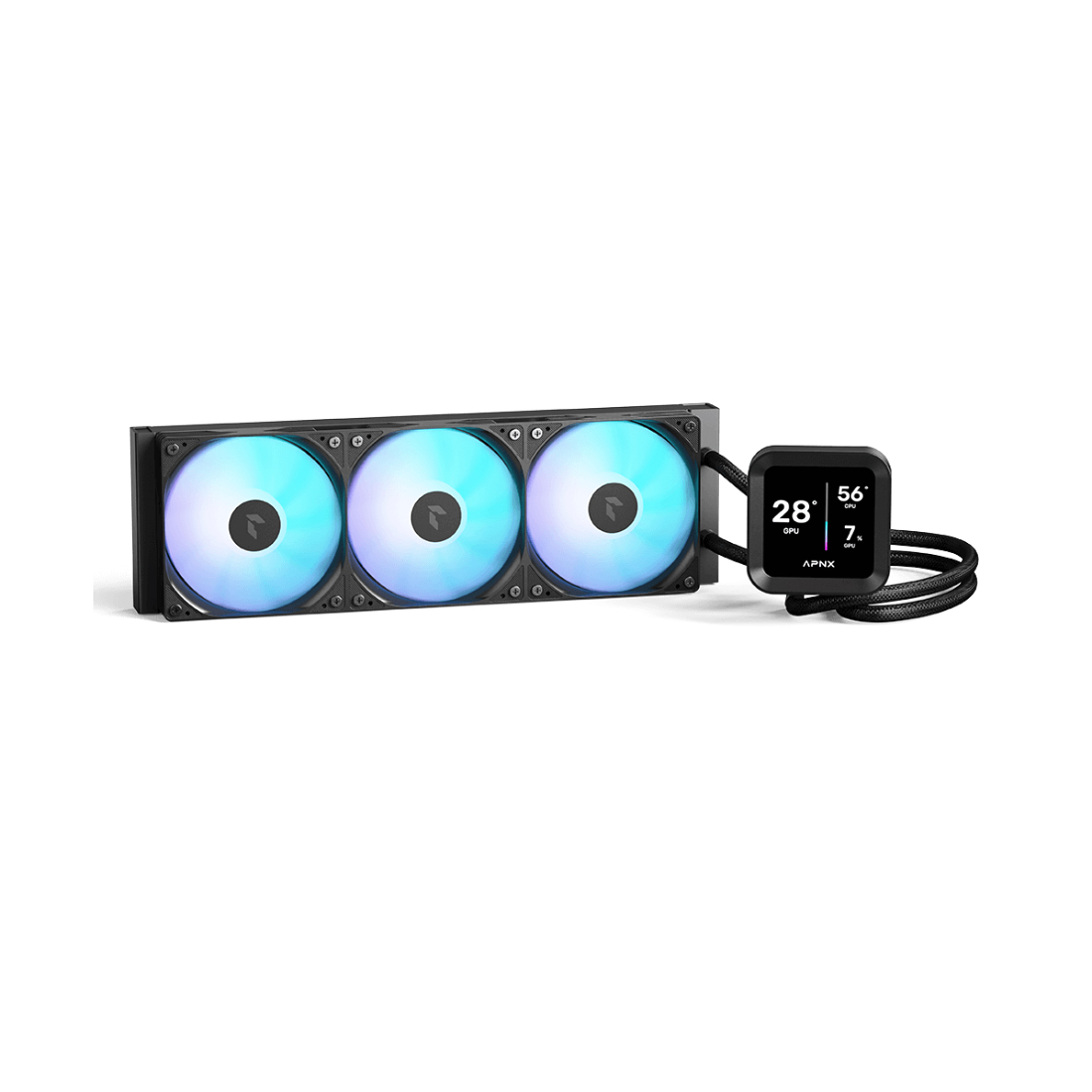 Кулер с водяным охлаждением, APNX, LC1-D 360 BK , Intel 1851/1700/1200/115х и AMD AM5/AM4/, TDP 320W, 3*120мм ARGB, 600-1800RPM±10%, 81,5CFM, 38 dB(A), Чёрный
