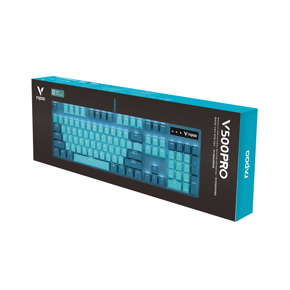 Клавиатура, Rapoo, V500PRO, Игровая, USB, Кол-во стандартных клавиш 104, Длина кабеля 1,8 метра, Анг/Рус, Голубой