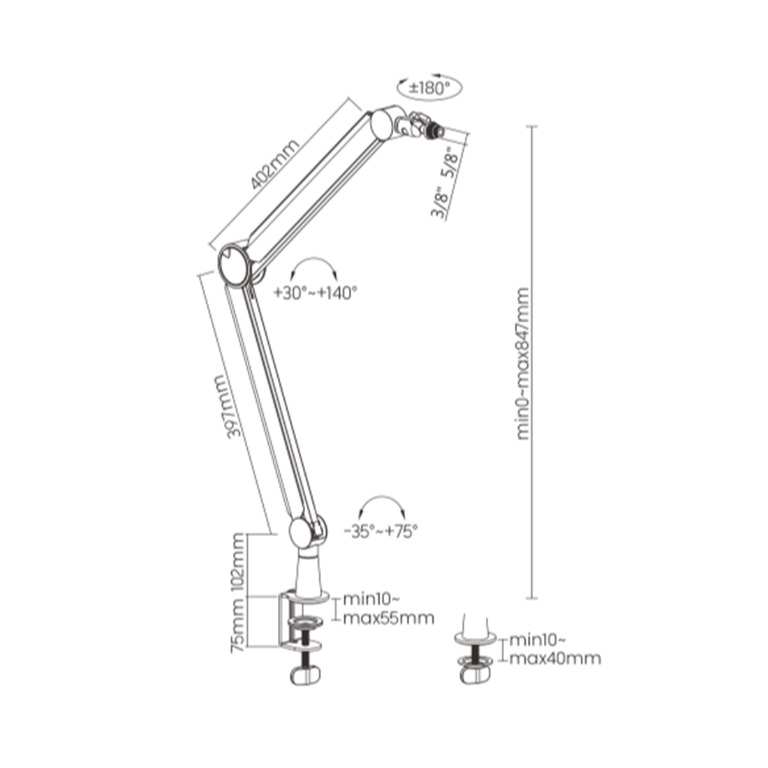 Пантограф (стойка) для микрофона, Brateck, MDS13-1, нагрузка до 1 кг, 3/8", 5/8", черный