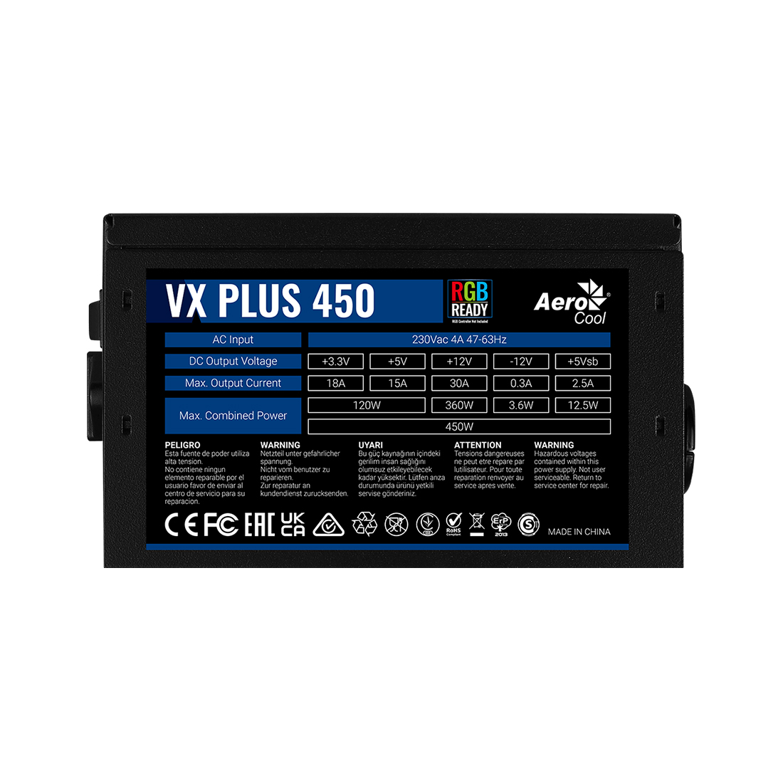 Блок питания, Aerocool, VX PLUS Stealth 450 , 450W, ATX, None-PFC, 20+4pin, 4+4pin, 2*Sata, 2*Molex, 1*FDD, 1*PCI-E 6pin, Вентилятор 12см, Кабель питания, Чёрный