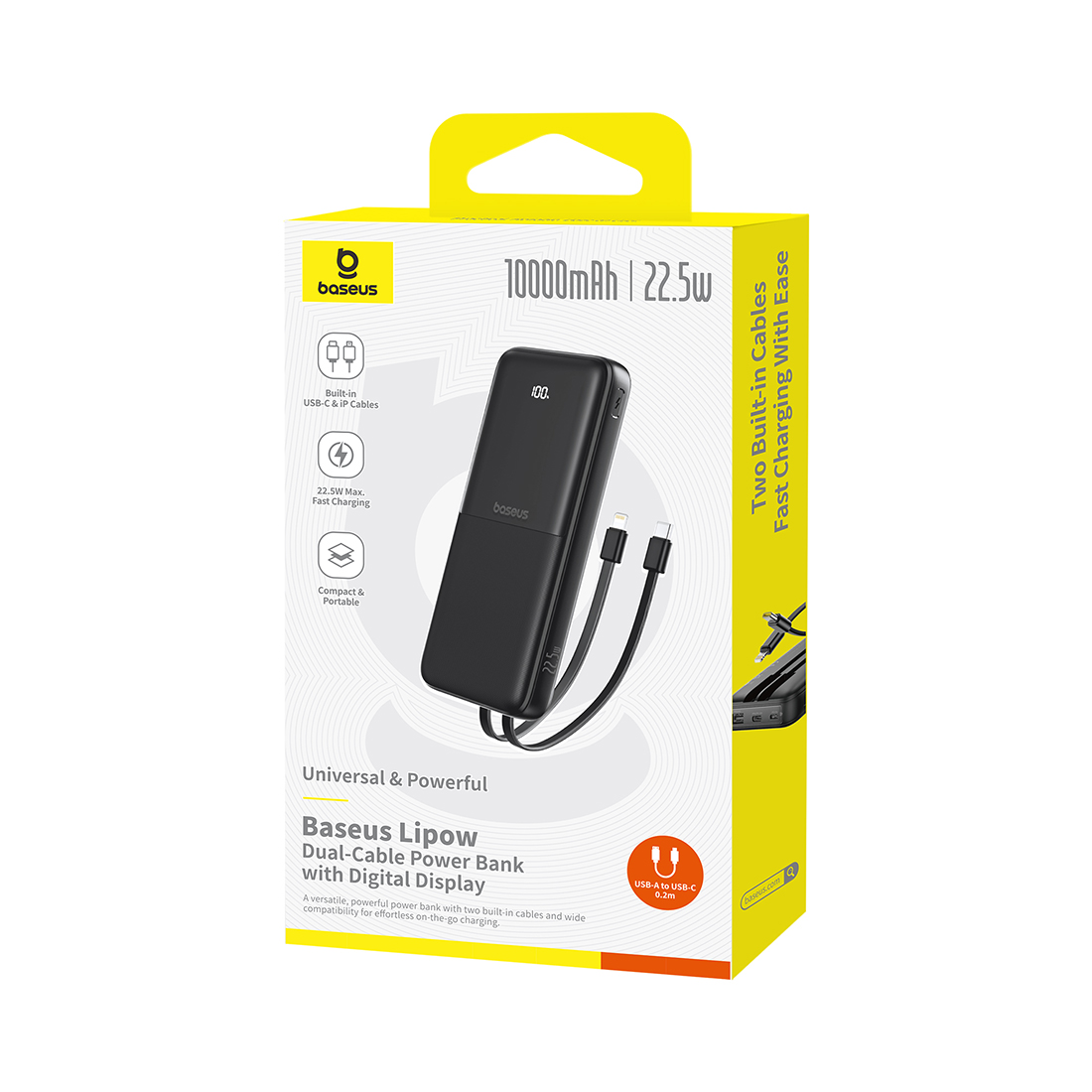 Портативный внешний аккумулятор, Baseus, Lipow Dual-Cable PPJP311, P10079101123-00, 10000 мА·ч, 22,5 Вт, USB-C, USB-A, Micro-USB, 2 Встроенных кабеля: USB-C и Lightning, До 4 устройств, Цифровой дисплей, PD, QC 3.0, SCP, Li-Pol, Черный