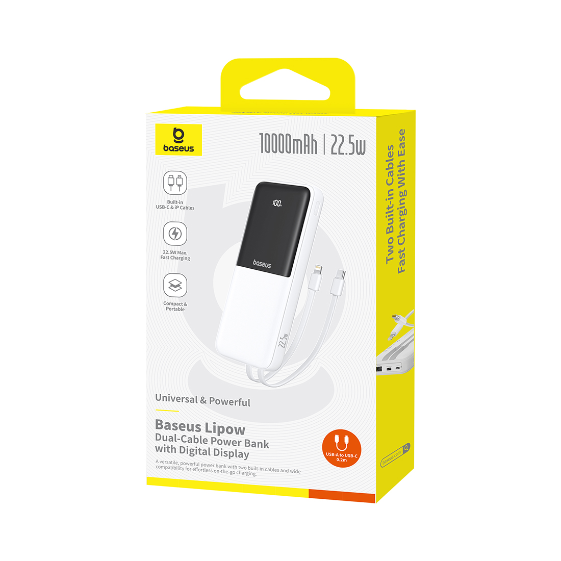 Портативный внешний аккумулятор, Baseus, Lipow Dual-Cable, P10079101213-00, 10000 мА·ч, 22,5 Вт, USB-C, USB-A, 2 Встроенных кабеля: USB-C и Lightning, Цифровой дисплей, До 4 устройств, Белый