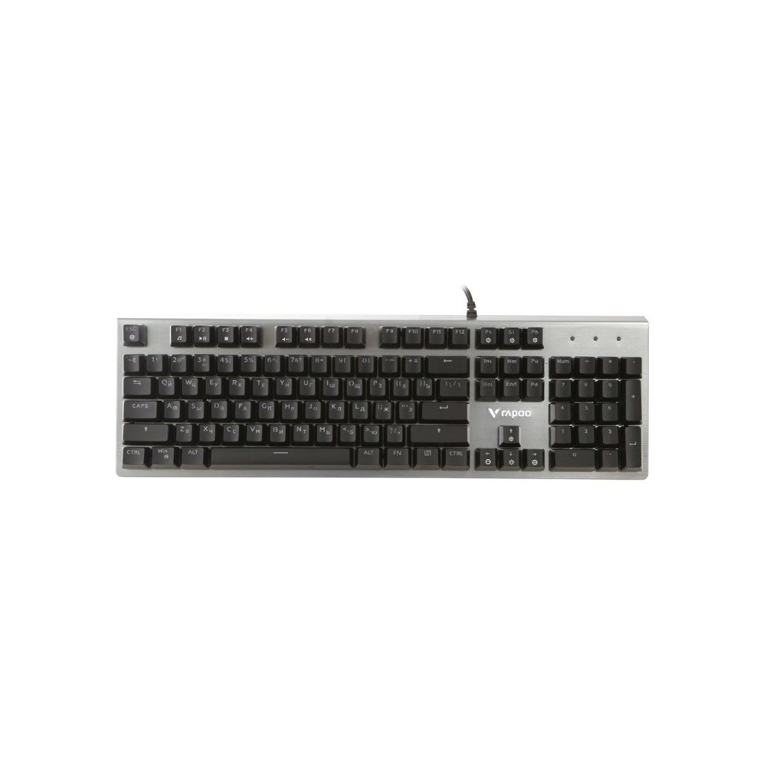 Клавиатура, Rapoo, V530, Игровая, USB, Кол-во стандартных клавиш 104, Длина кабеля 1,8 метра, Механический, Алюминий, Влагозащита, Оптический чувствительный переключатель, RGB, Анг/Рус, Черный