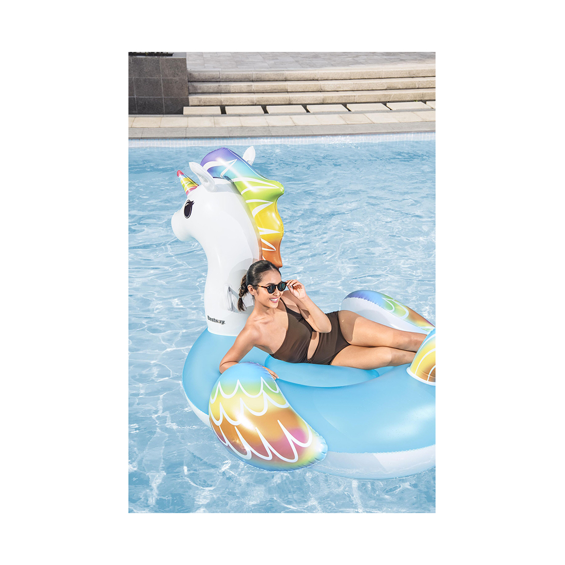 Надувная игрушка для катания верхом Единорог (Supersized Unicorn) 224 х 164 см, BESTWAY, 41113, Винил, Голубой, С ручками, Цветная коробка