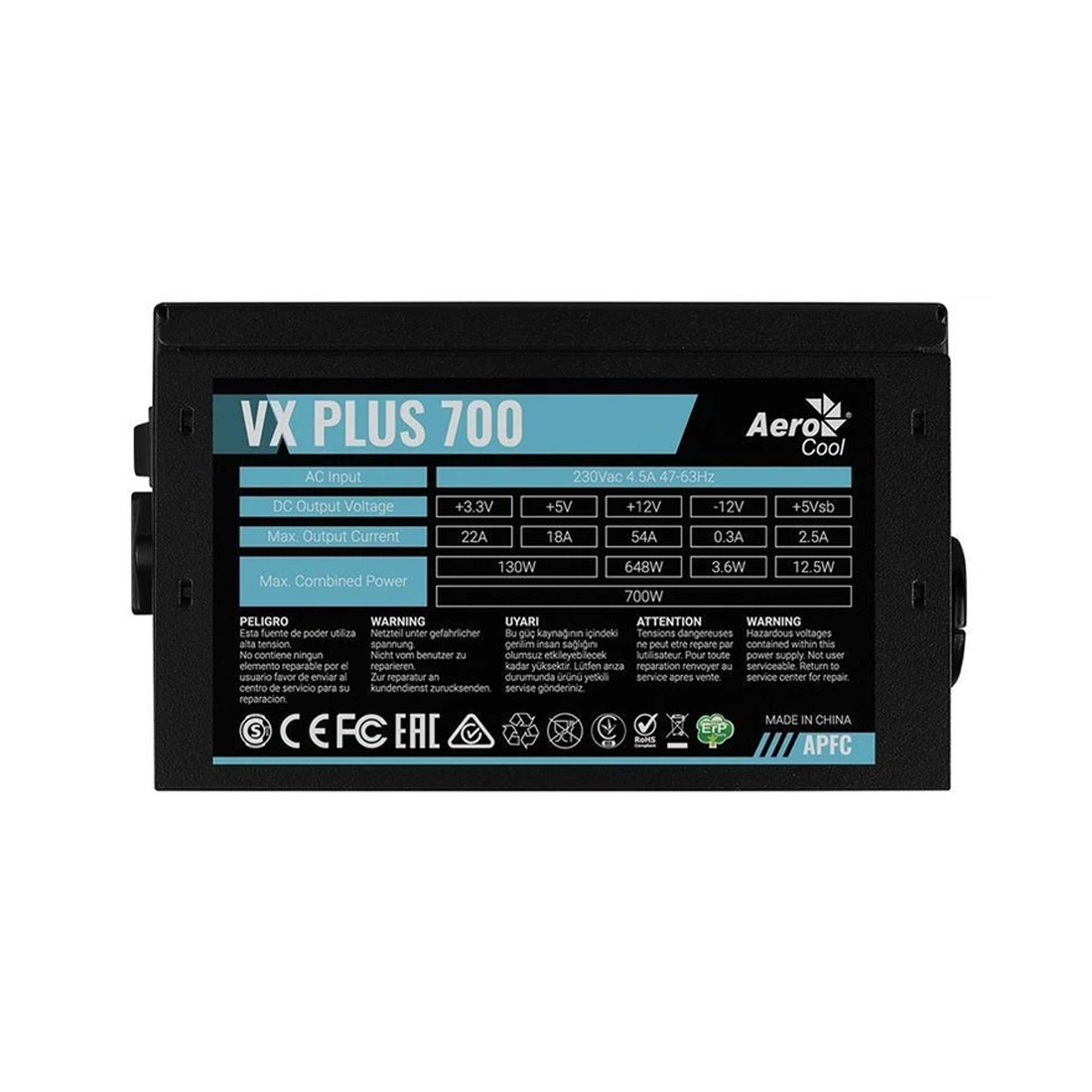 Блок питания, Aerocool, VX PLUS Stealth 700, 700W, ATX, APFC, 20+4pin, 4+4pin, 4*Sata, 3*Molex, 1*FDD, 2*PCI-E 6+2pin, Вентилятор 12см, Кабель питания, Чёрный