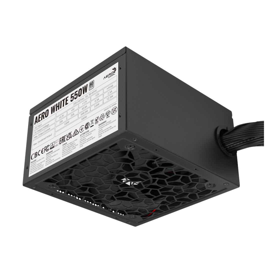 Блок питания, Aerocool, AERO WHITE, 550W, ATX, APFC, 20+4pin, 2*4+4pin, 6*Sata, 2*Molex, 2*PCI-E 6+2pin, Вентилятор 12см, Кабель питания, Чёрный