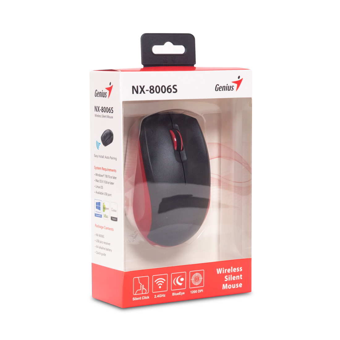 Компьютерная мышь, Genius, NX-8006S, 3D, Оптическая, 1600dpi, Беcпроводная 2.4ГГц, 1 x AA, Черно - Красный