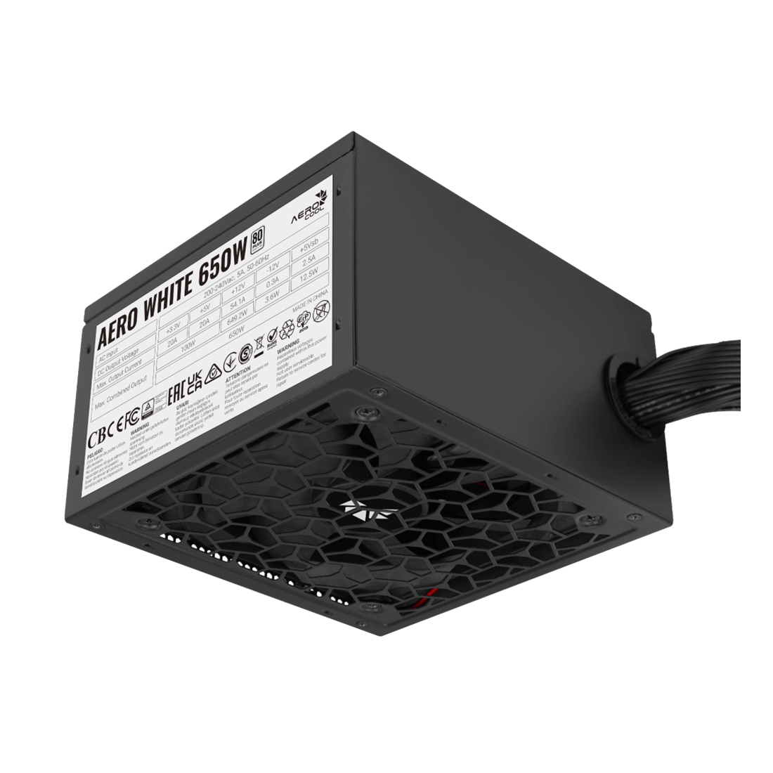 Блок питания, Aerocool, AERO WHITE, 650W, ATX, APFC, 20+4pin, 2*4+4pin, 6*Sata, 2*Molex, 2*PCI-E 6+2pin, Вентилятор 12см, Кабель питания, Чёрный