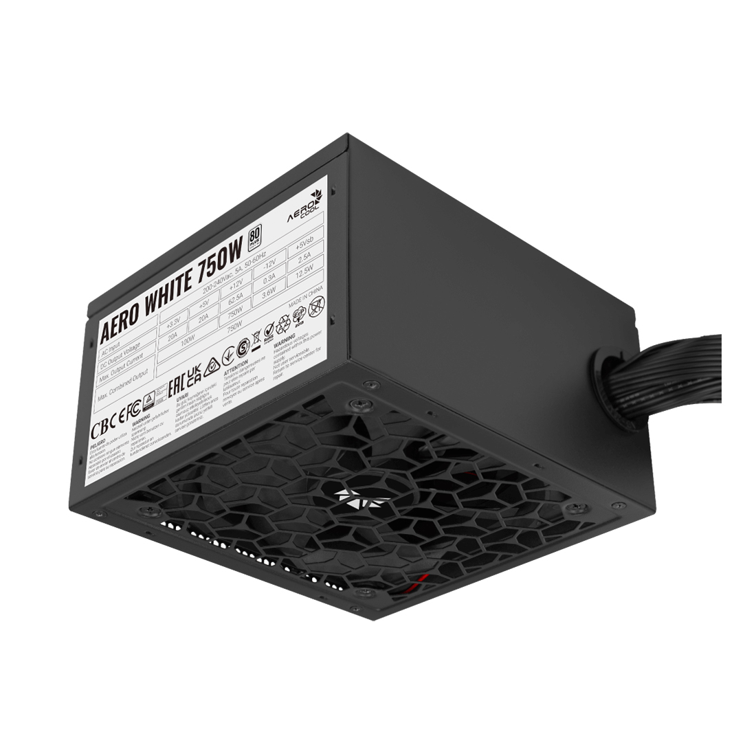 Блок питания, Aerocool, AERO WHITE, 750W, ATX, APFC, 20+4pin, 2*4+4pin, 6*Sata, 2*Molex, 3*PCI-E 6+2pin, Вентилятор 12см, Кабель питания, Чёрный