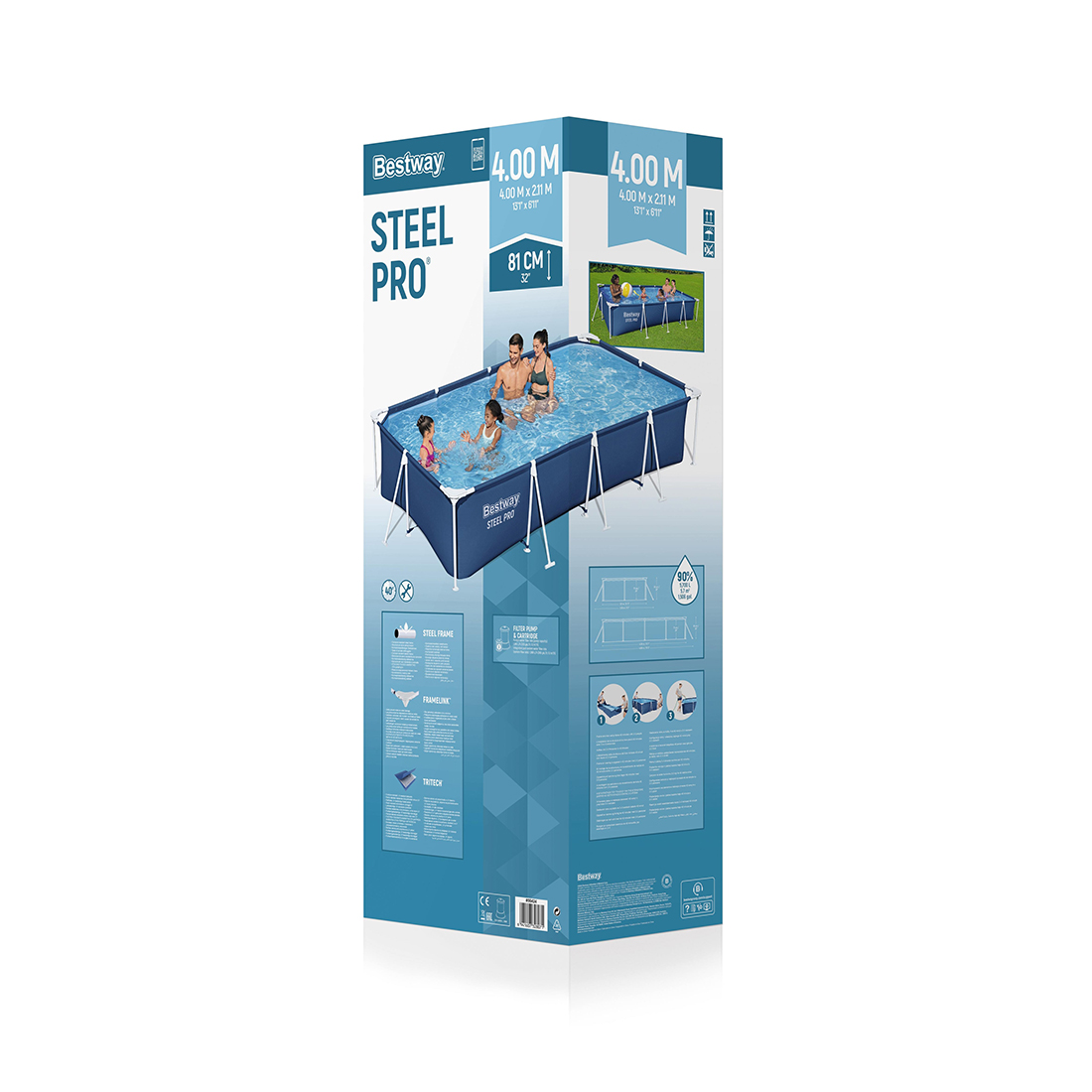 Каркасный бассейн Steel Pro 400 х 211 х 81 см, BESTWAY, 56424, Винил, 5700 л., Стальной каркас, Ф-насос 58381 (1249л/ч), Синий, Цветная коробка