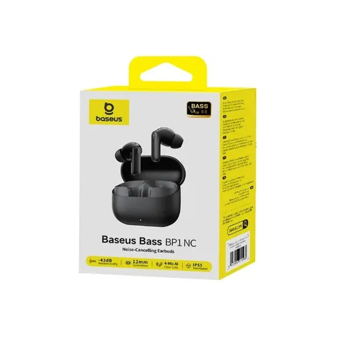 Наушники, Baseus, Bass BP1 NC, A0010704, TWS, 12 мм, ANC, 4 микрофона, Bluetooth 6.0, 20 Гц–20 кГц, 16 Ом, до 7 ч / 41 ч, ANC: 5,5 ч / 33 ч, 10 мин = 1 ч, USBC, IP55, 4,1 г, Cosmic Black, Черный