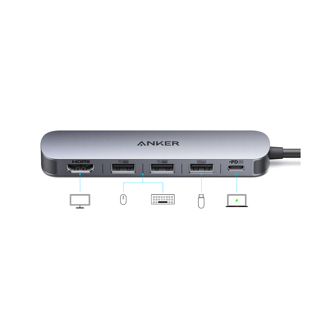 Концентратор, Anker, USB-C (A8357HA0), USB-C, 5-in-1, 4K, HDMI, Серый