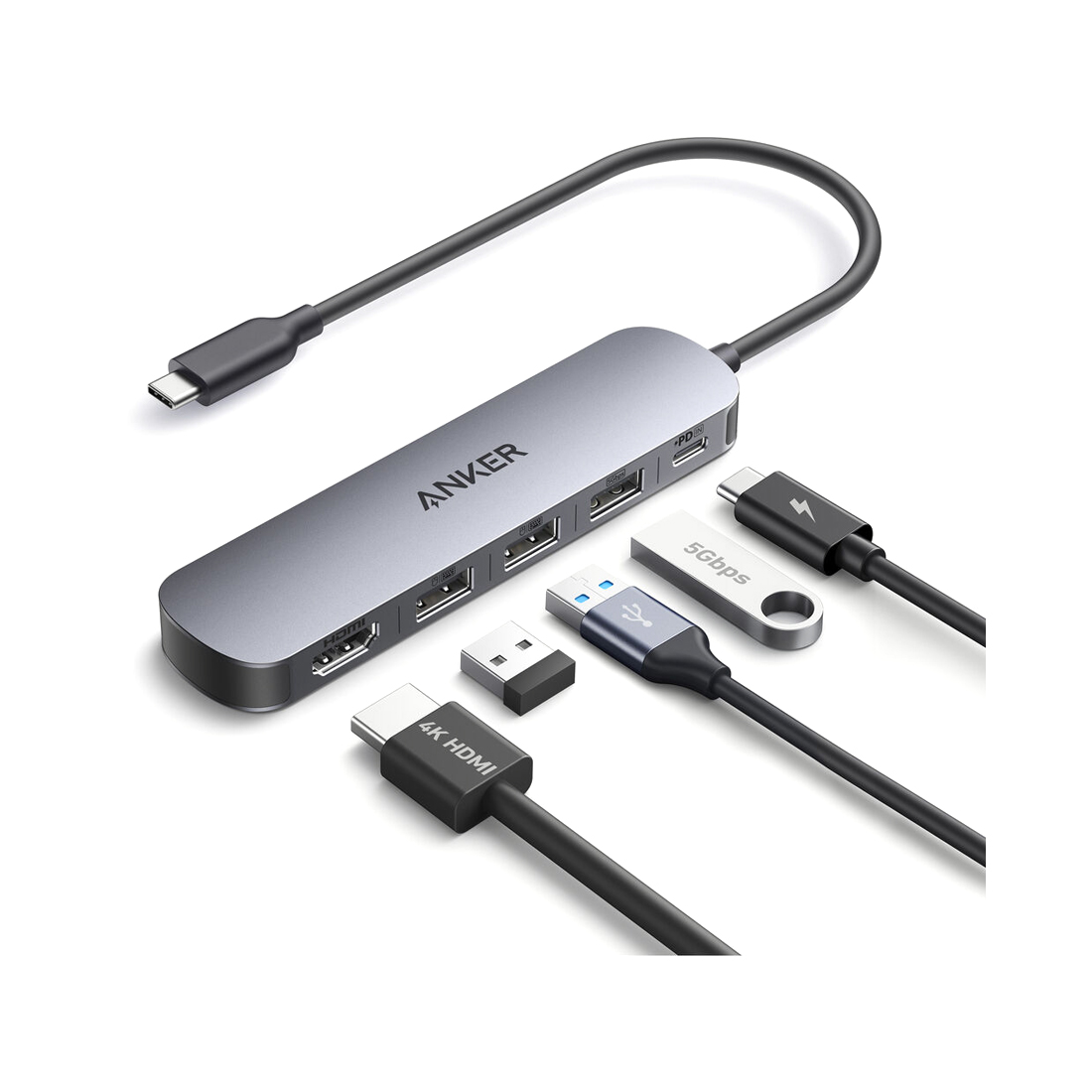 Концентратор, Anker, USB-C (A8357HA0), USB-C, 5-in-1, 4K, HDMI, Серый