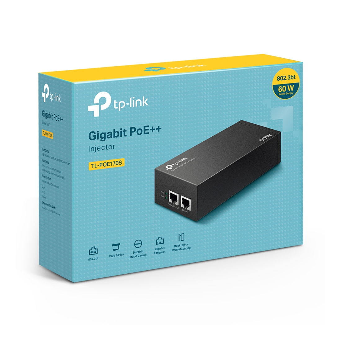 PoE-инжектор, TP-Link, POE170S, 2 порта 10/100/1000 Мбит/с, 802.3af/at/bt, мощность до 60 Вт