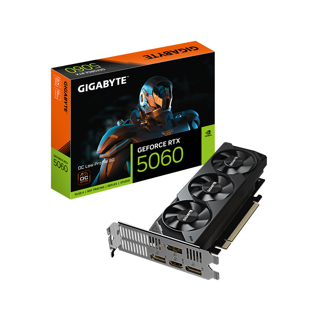 Видеокарта, Gigabyte, RTX5060 OC Low Profile 8G (GV-N5060OC-8GL) 4719331356422, GDDR7, 128bit, 1-HDMI, 3-DP, 3X Fan, 182*69*36 мм, Цветная коробка