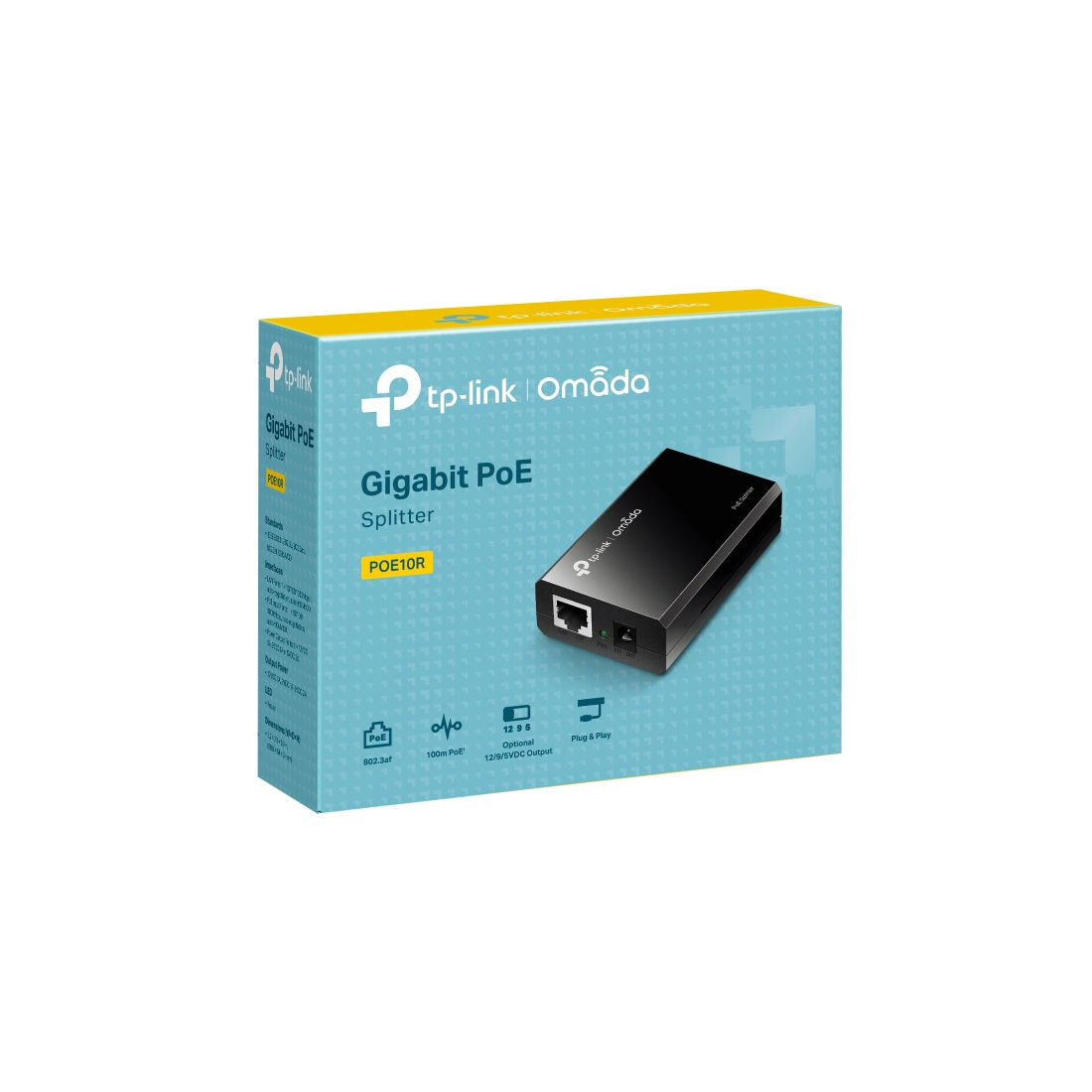 PoE-сплиттер, TP-Link, POE10R, 2x10/100M, RJ45, 1 порт LAN 10/100/1000 Мбит/c (разъём RJ45),12VDC, 9VDC or 5VDC Power Supply,Автосогласование/Авто-MDI/MDIX,1 разъём питания