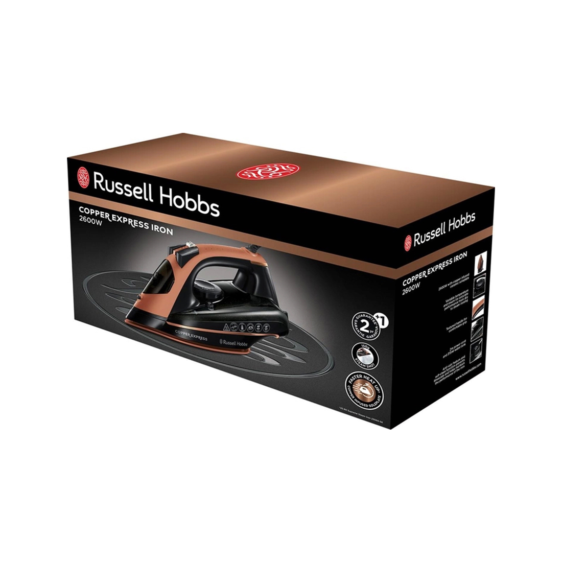 Утюг, Russell Hobbs, 23986-56, Мощность 2600Вт, Керамическая подошва, Паровой удар 145г/мин, Постоянная подача пара 40г/мин, Вертикальное отпаривание, Функция защиты от капель, Функция защиты от накипи, Функция самоочистки, Объем резервуара для воды 315 мл, Длина шнура 2м, Черно-медный