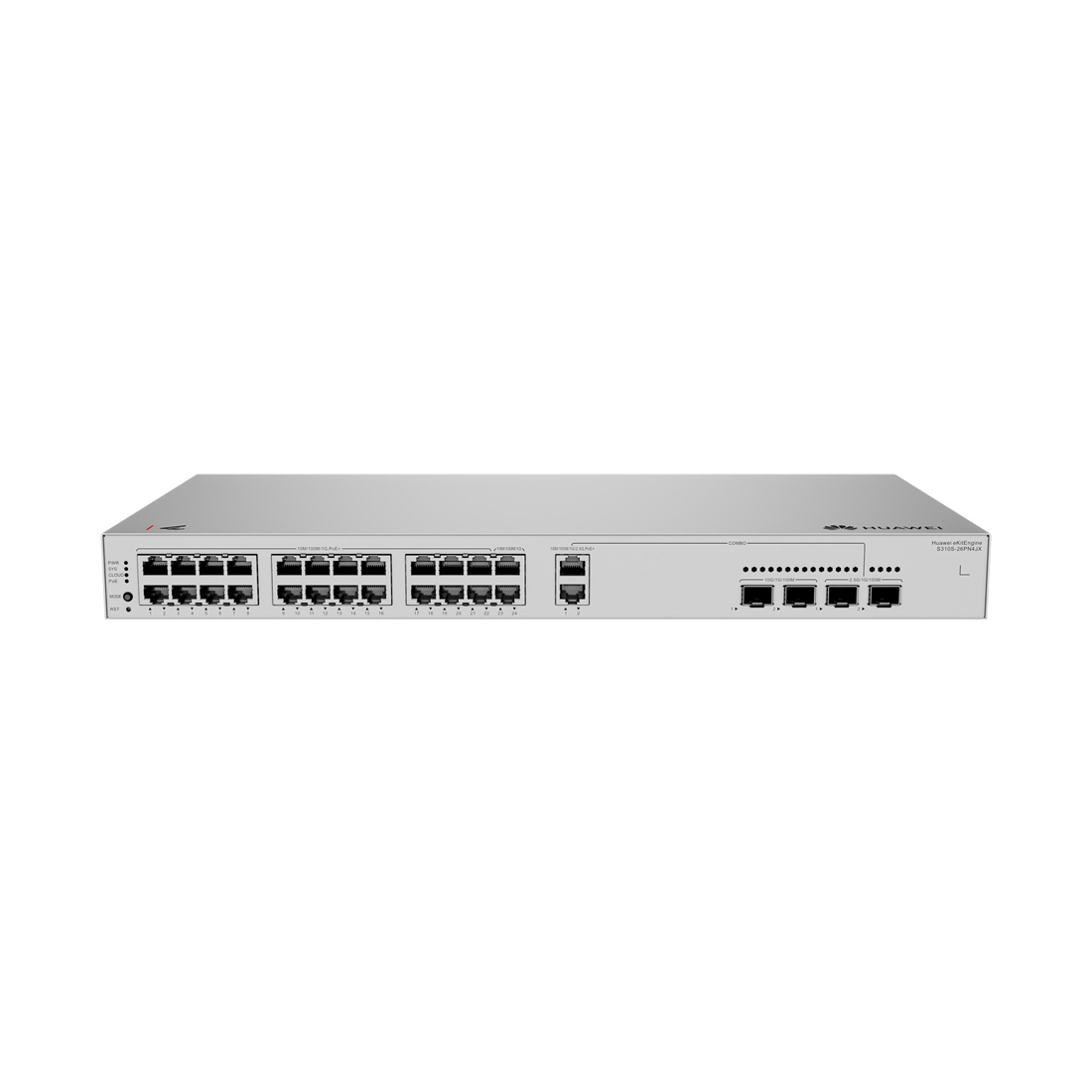 Коммутатор, Huawei, S310S-26PN4JX, Управляемый L2+, 22*10/100/1000BASE-T (PoE), 2*10/100/1000/2.5GBASE-T (PoE) Combo (RJ45/2.5GSFP), 2*10/100/1000BASE-T, 2 x 10GE SFP+, PoE 802.3af/at, 400W, Стоечный