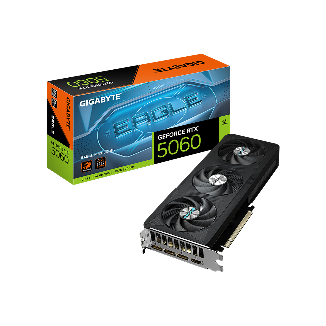 Видеокарта, Gigabyte, RTX5060 EAGLE MAX OC 8G (GV-N5060EAGLEMAX OC-8GD) 4719331356644, GDDR7, 128bit, 1-HDMI, 3-DP, Windforce 3X Fan, 281*115*40 мм, Цветная коробка