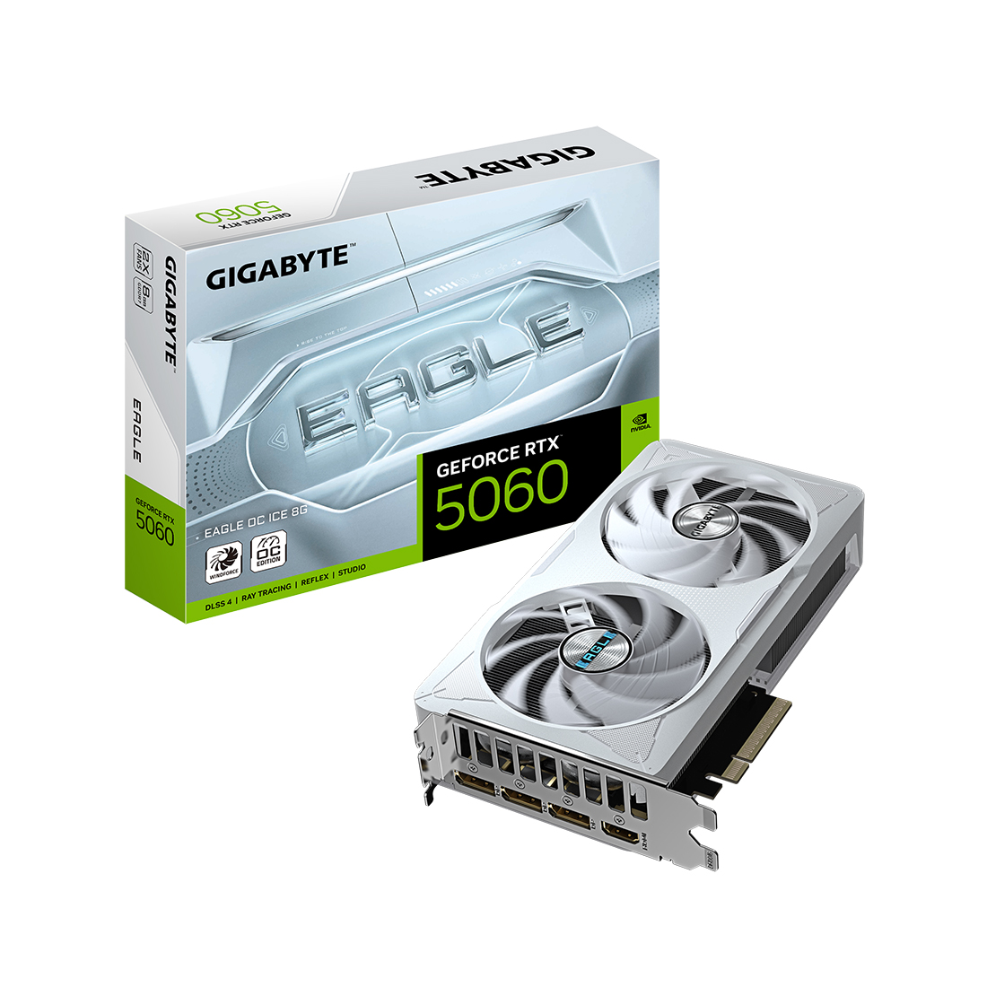 Видеокарта, Gigabyte, RTX5060 EAGLE OC ICE 8G (GV-N5060EAGLEOC ICE-8GD) 4719331356446, GDDR7, 128bit, 1-HDMI, 3-DP, Windforce 2X Fan, 208*120*40 мм, Цветная коробка