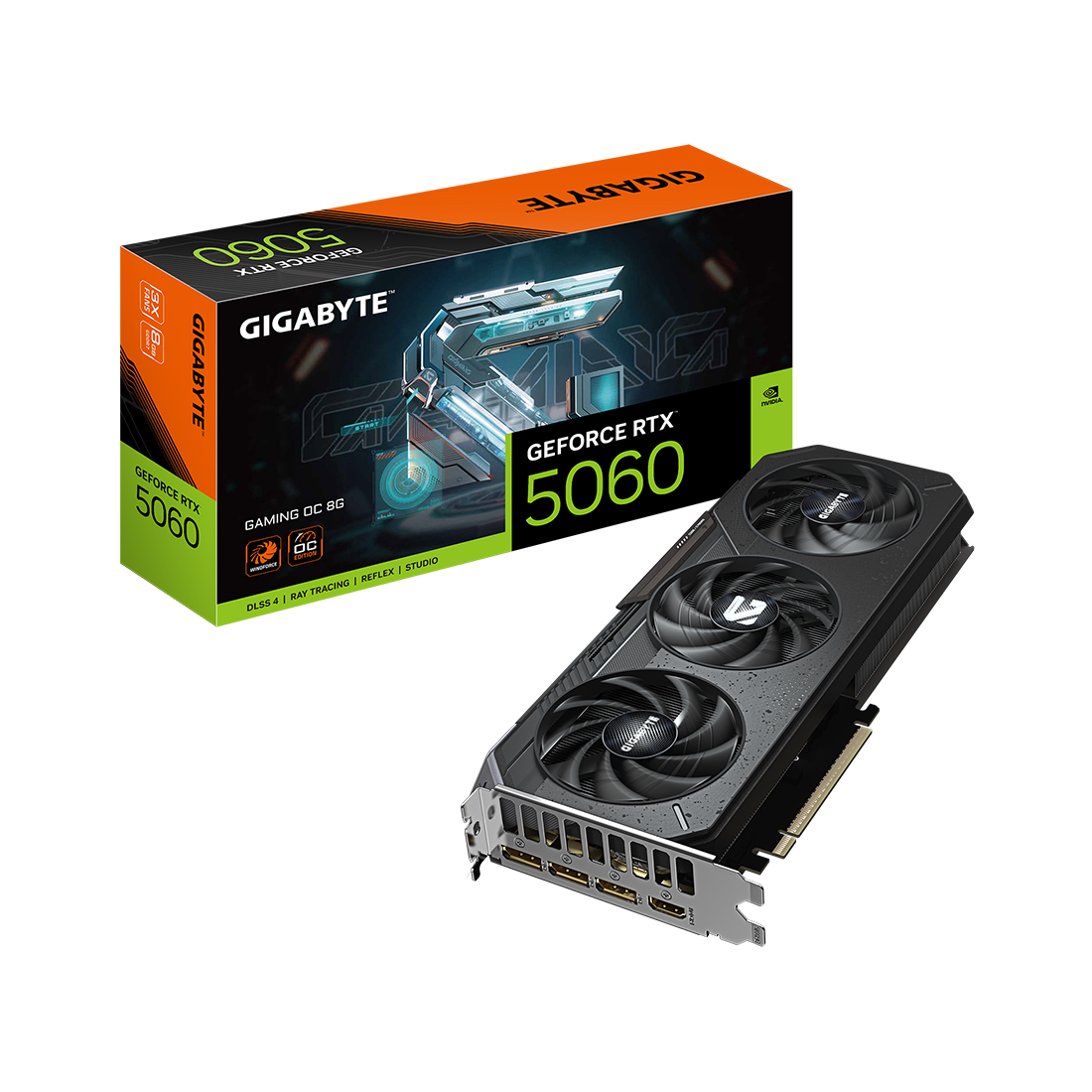 Видеокарта, Gigabyte, RTX5060 GAMING OC 8G (GV-N5060GAMING OC-8GD) 4719331356408, GDDR7, 128bit, 1-HDMI, 3-DP, Windforce 3X Fan, 281*119*40 мм, Цветная коробка