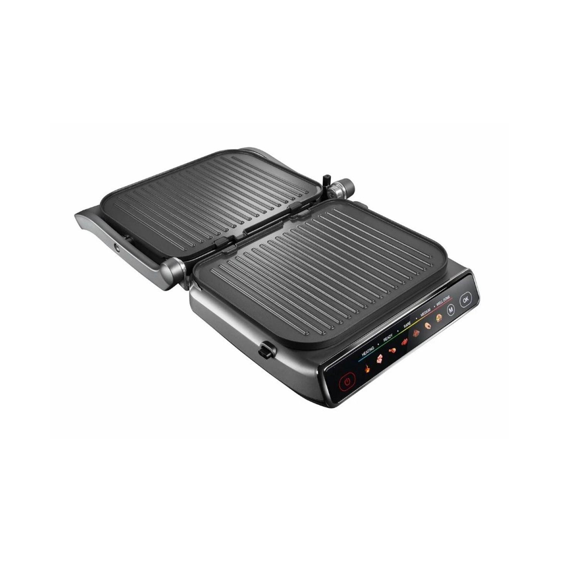 Гриль, Redmond, SteakMaster GM300, 7 программ, Температура нагрева 230 °C, Открытие на 180°, Антипригарное покрытие, Размер рабочей поверхности 31.3 х 24.4 см, Сенсорное управление, Съемные пластины, Таймер, Серый/металл