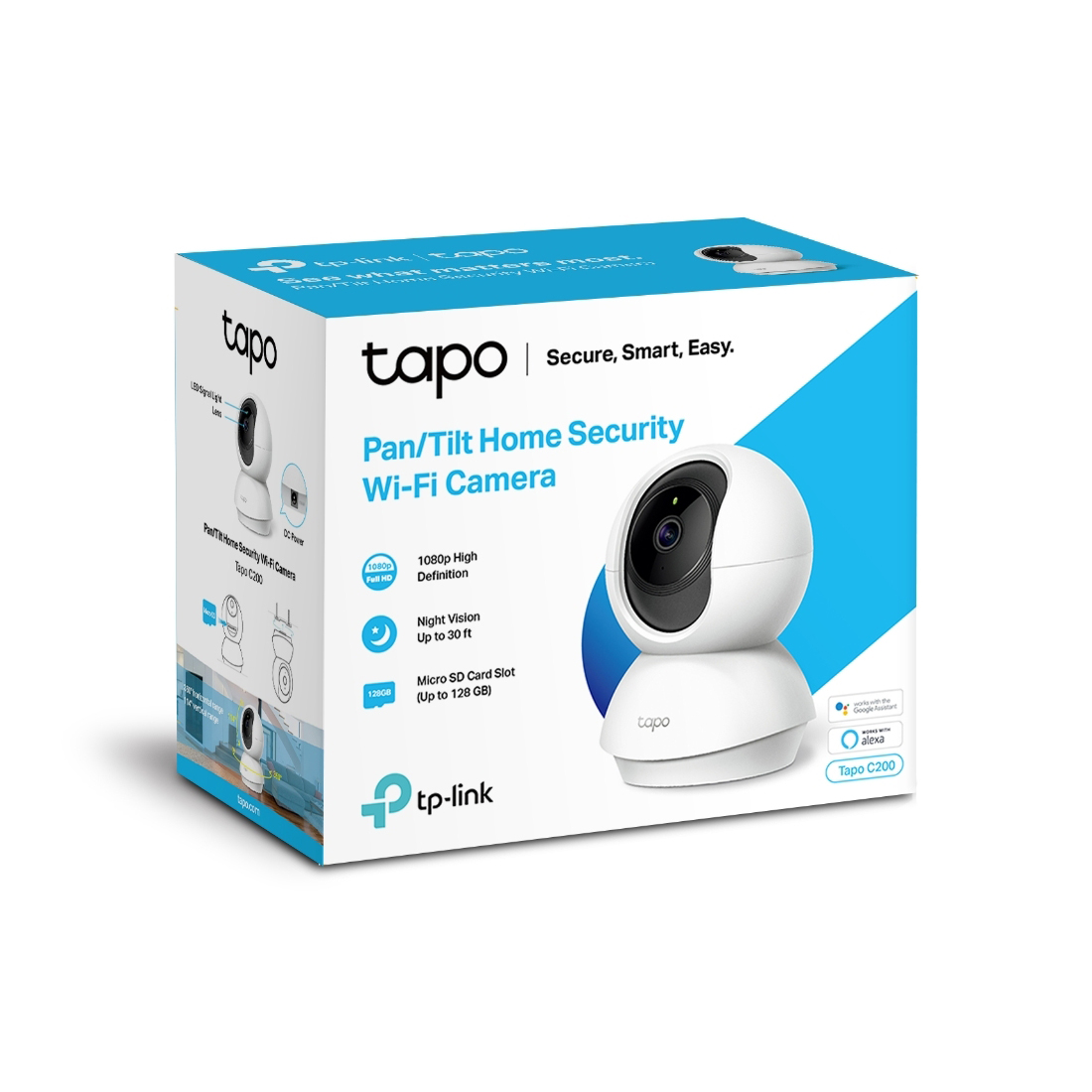 IP-камера, TP-Link, Tapo C200, CMOS-матрица 1/2.9", ИК-подсветка - до 9 м, Функция день/ночь, 2.4 мега., Объектив: 4 мм, H.264, 1080p, 9,0В/0,6А.