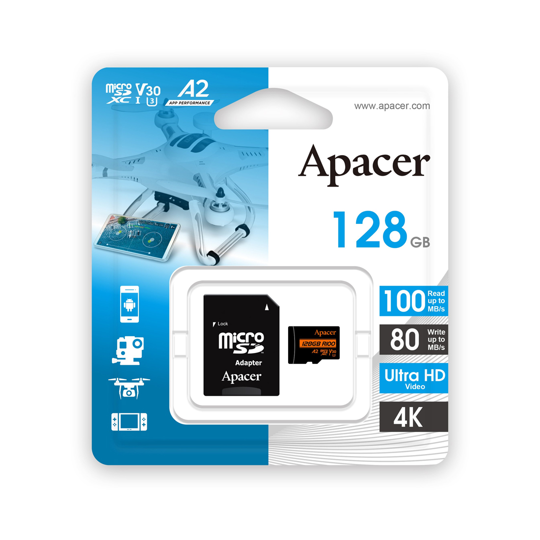 Карта памяти Apacer AP128GMCSX10U8-R MicroSDXC 128GB с адаптером SD