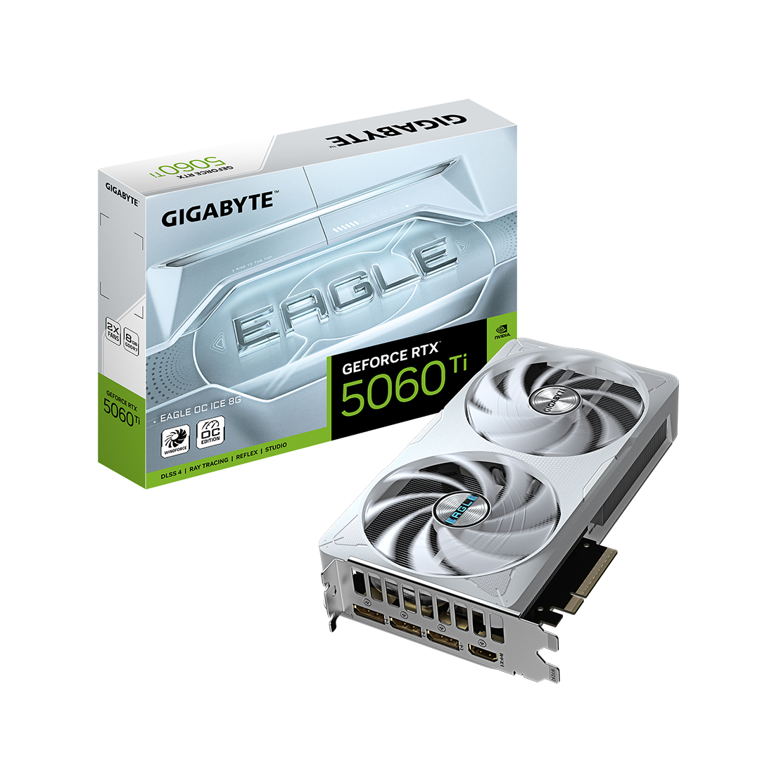 Видеокарта, Gigabyte, RTX5060Ti EAGLE OC ICE 8G (GV-N506TEAGLEOC ICE-8GD) 4719331356095, GDDR7, 128bit, 1-HDMI, 3-DP, Windforce 2X Fan, 215*122*40 мм, Цветная коробка