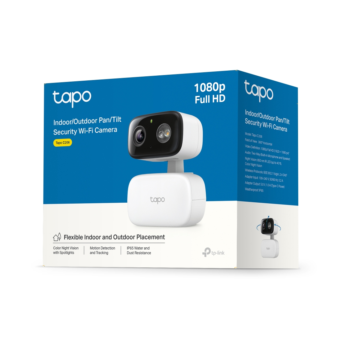 IP-камера, Tp-Link, Tapo C206, КМОП-матрица Starlight 1/3 дюйма с прогрессивной развёрткой, ИК-подсветка до 12 метров, 1920  1080 пикселей, Фокусное расстояние: 4 мм, Цветное ночное видение, H.264