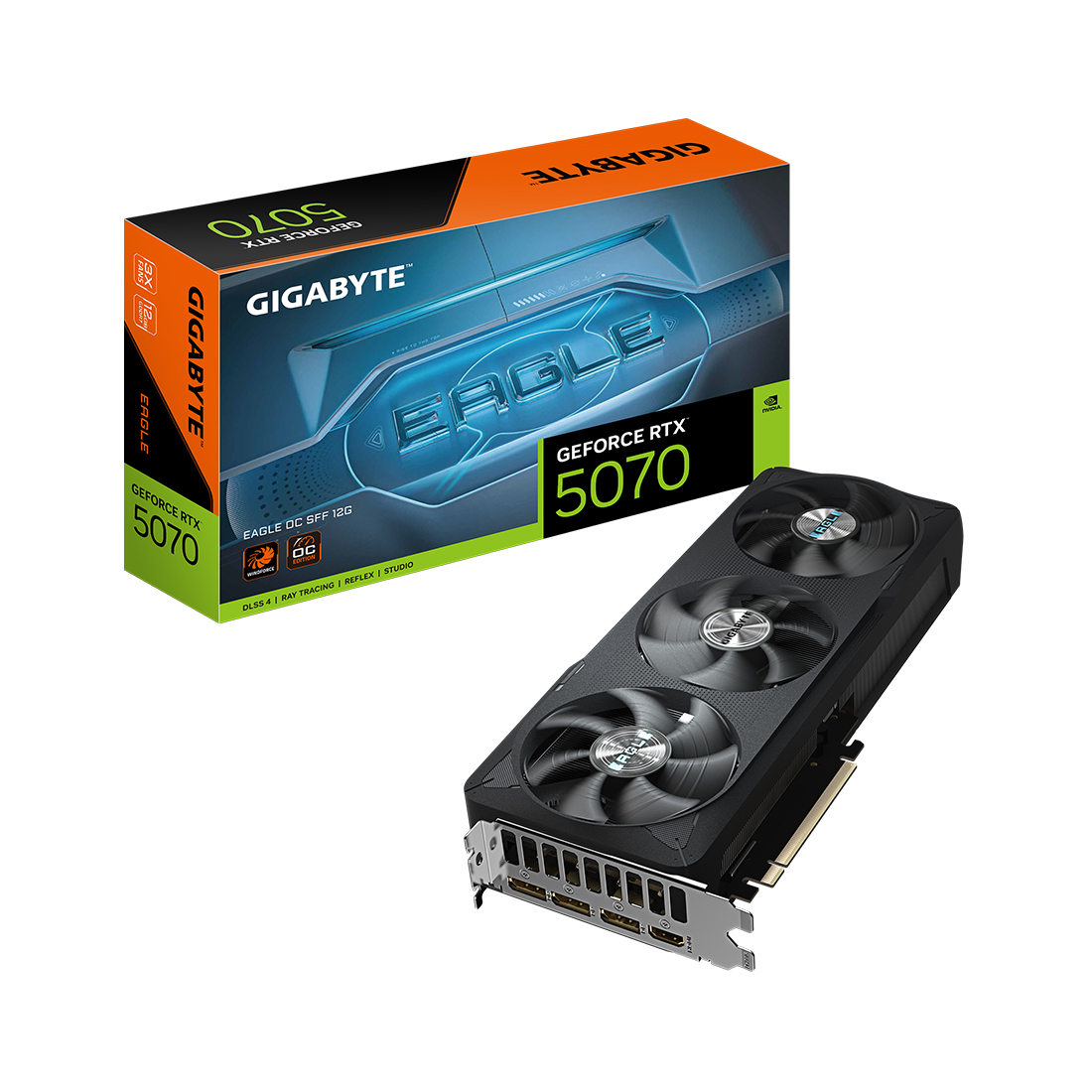 Видеокарта, Gigabyte, RTX5070 EAGLE OC SFF 12G (GV-N5070EAGLE OC-12GD) 4719331355760, GDDR7, 192bit, 1-HDMI, 3-DP,Windforce 3X Fan, 290*120*50 мм, Цветная коробка