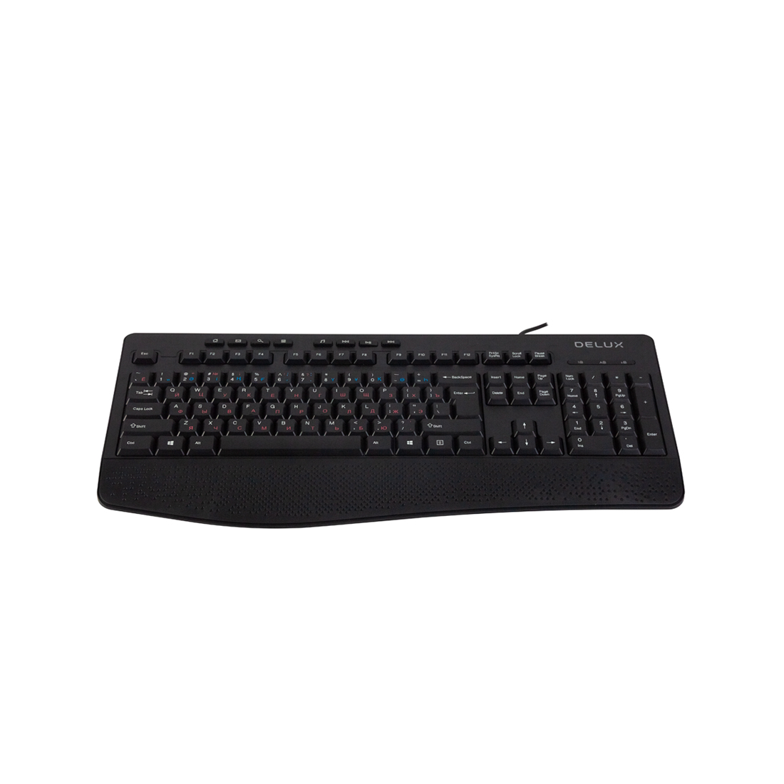 Клавиатура, Delux, DLK-6060UB, USB, Кол-во стандартных клавиш 104, 8 мультимедиа-клавиш, Размер: 446*211*24 мм., Длина кабеля 1,6 метра, Защита от случайного пролива воды/кофе, Чёрный