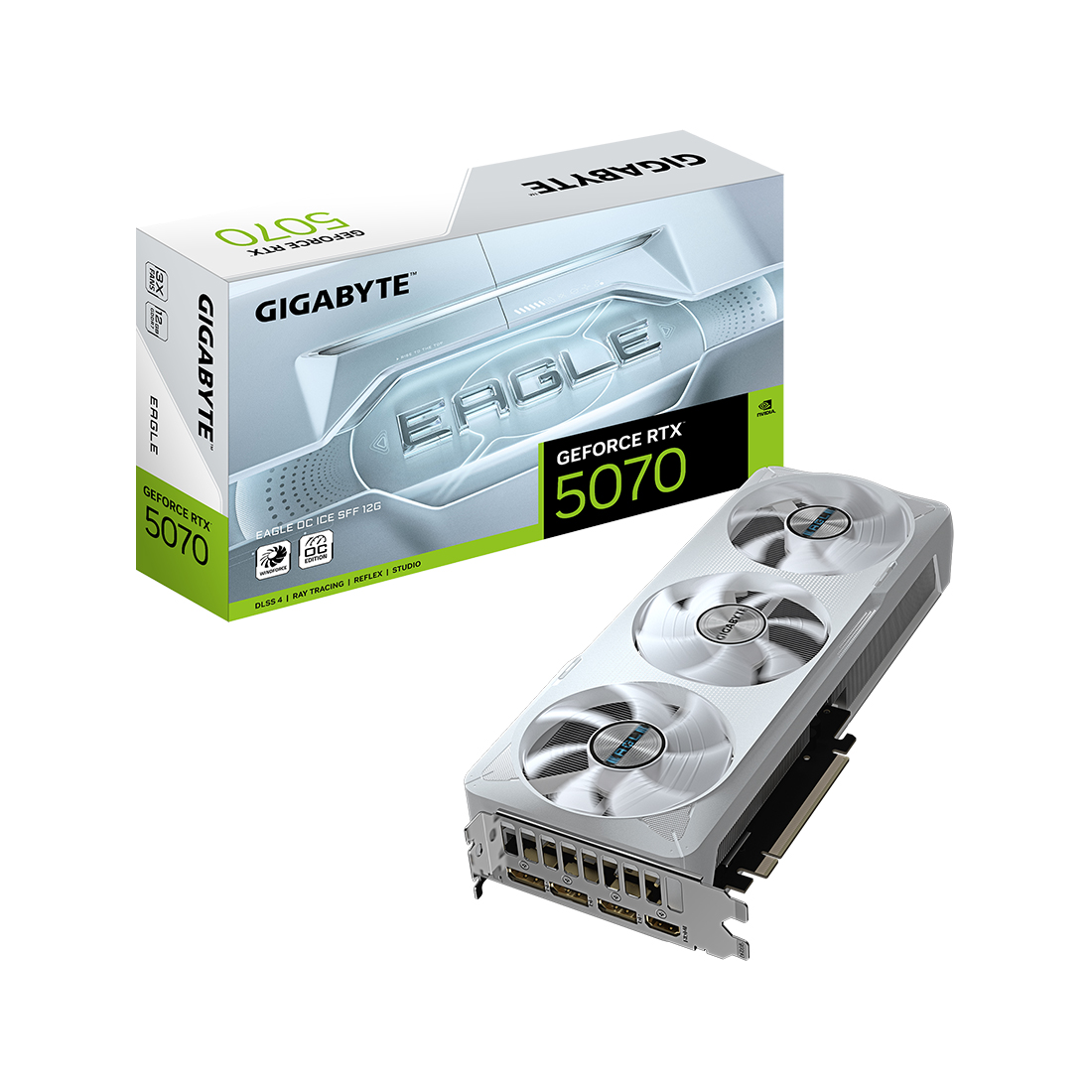 Видеокарта, Gigabyte, RTX5070 EAGLE OC ICE SFF 12G (GV-N5070EAGLEOC ICE-12GD) 4719331355777, GDDR7, 192bit, 1-HDMI, 3-DP, Windforce 3X Fan, 290*120*50 мм, Цветная коробка