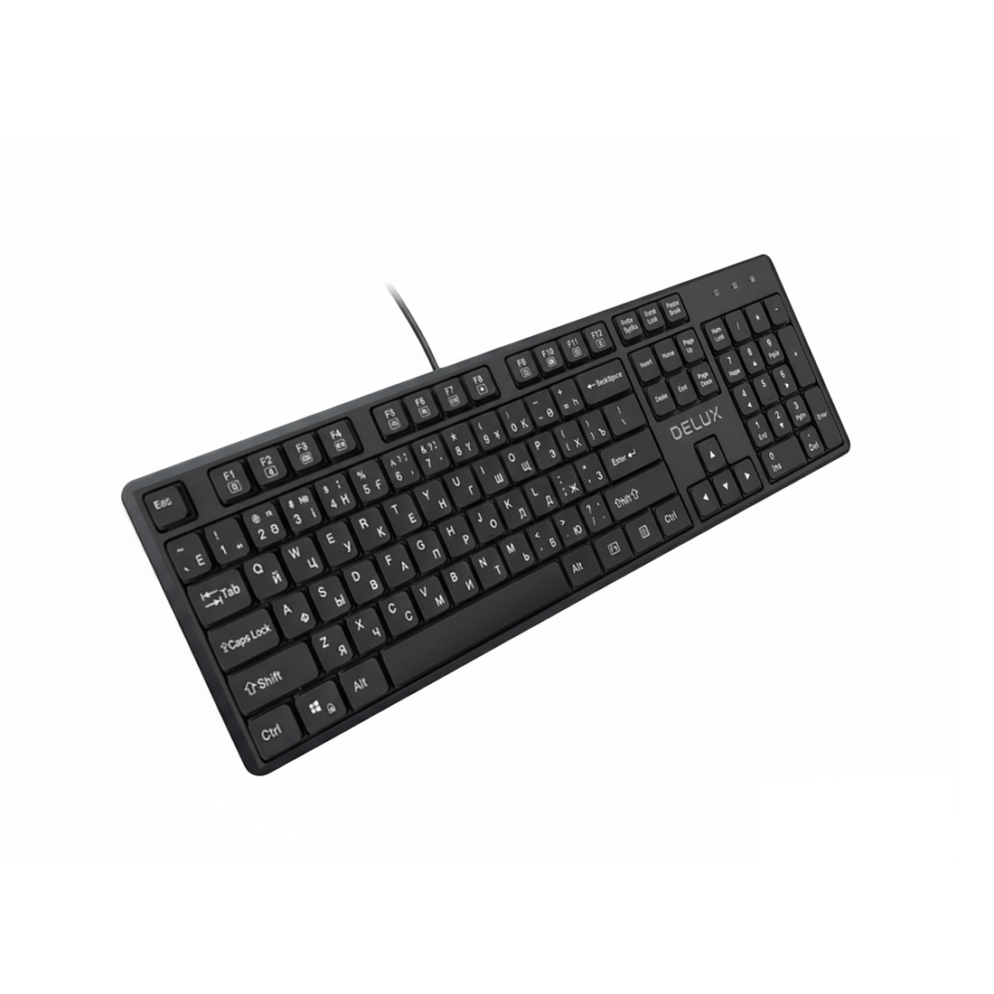 Клавиатура, Delux, SK800U, Ультратонкая, USB, Кол-во стандартных клавиш 104, 18 мультимедиа-клавиш, Размер: 451*188*18 мм., Длина кабеля 1,5 метра, Анг/Рус/Каз, Чёрный