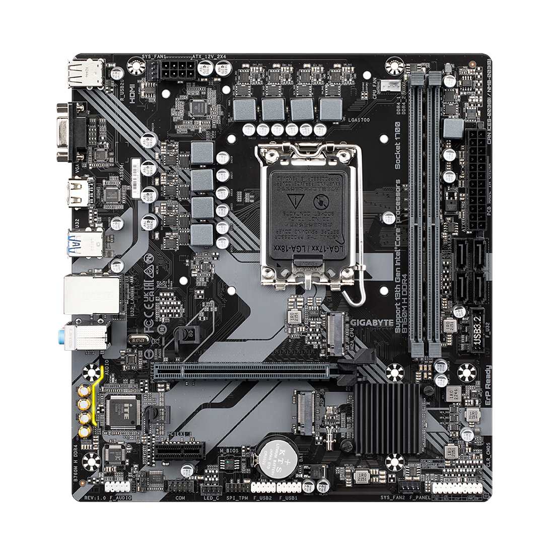 Материнская плата, Gigabyte, B760M H DDR4 (4719331854645), LGA1700, iB760, 2xDDR4 2666/2933/3000/3200, 4xSATA3, 2xM.2 (PCI-E 4.0x4/x2), Raid, 1xD-Sub, 1xHDMI, 1xPCI-Ex16, 1xPCI-Ex1, mATX