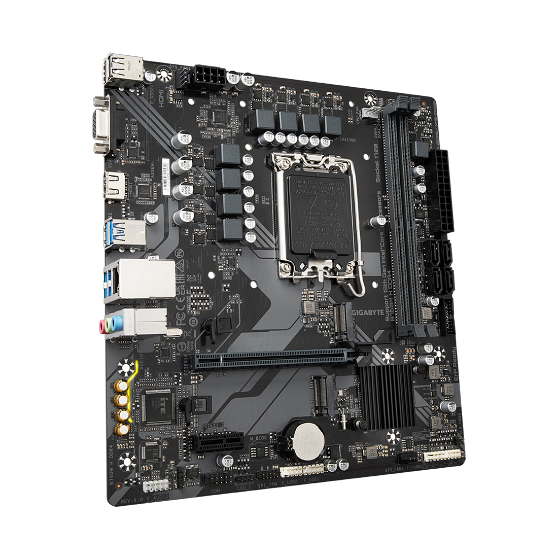 Материнская плата, Gigabyte, B760M H DDR4 (4719331854645), LGA1700, iB760, 2xDDR4 2666/2933/3000/3200, 4xSATA3, 2xM.2 (PCI-E 4.0x4/x2), Raid, 1xD-Sub, 1xHDMI, 1xPCI-Ex16, 1xPCI-Ex1, mATX