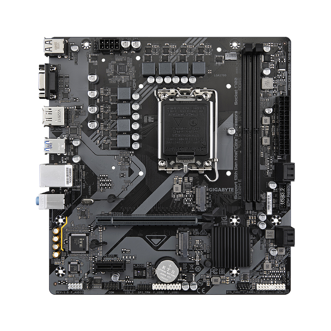 Материнская плата, Gigabyte, B760M E (4719331856052), LGA1700, iB760, 2xDDR5 4000/4800/7200(OC), 4xSATA3, 2xM.2 (PCI-E 4.0x4/x2), Raid, 1xD-Sub, 1хDP, 1xHDMI, 1xPCI-Ex16, 1xPCI-Ex1, mATX
