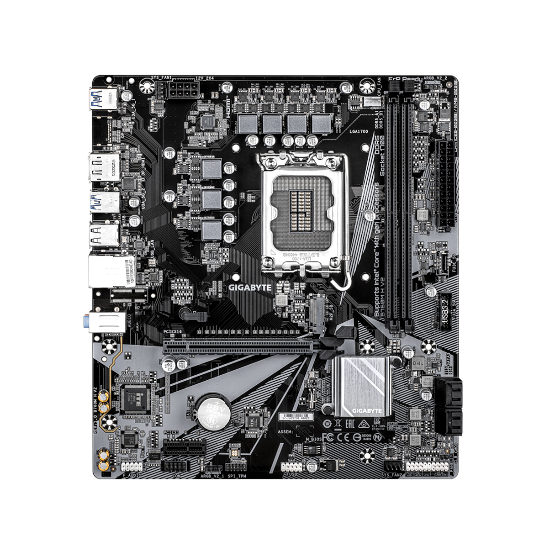 Материнская плата, Gigabyte, B760M H V2 (4719331878054), LGA1700, iB760, 2xDDR5 4000/4800/8000(OC), 4xSATA3, 1xM.2 (PCI-E 4.0x4/x2), Raid, 1хDP, 1xHDMI, 1xPCI-Ex16, 1xPCI-Ex1, mATX