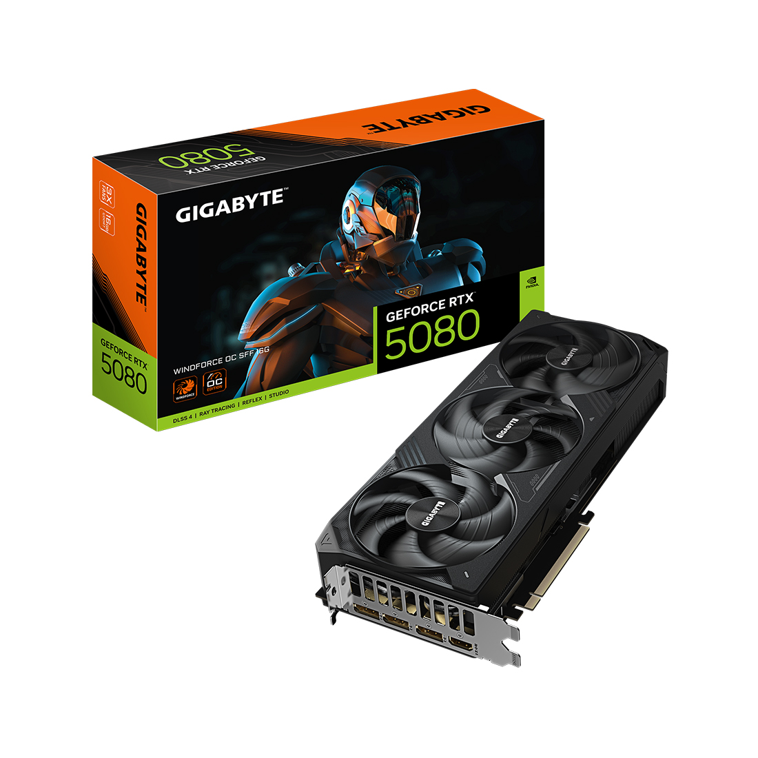 Видеокарта, Gigabyte, RTX5080 WINDFORCE OC SFF 16G (GV-N5080WF3OC-16GD) 4719331355845, GDDR7, 256bit, 1-HDMI, 3-DP, Windforce 3X Fan, 304*126*50 мм, Цветная коробка