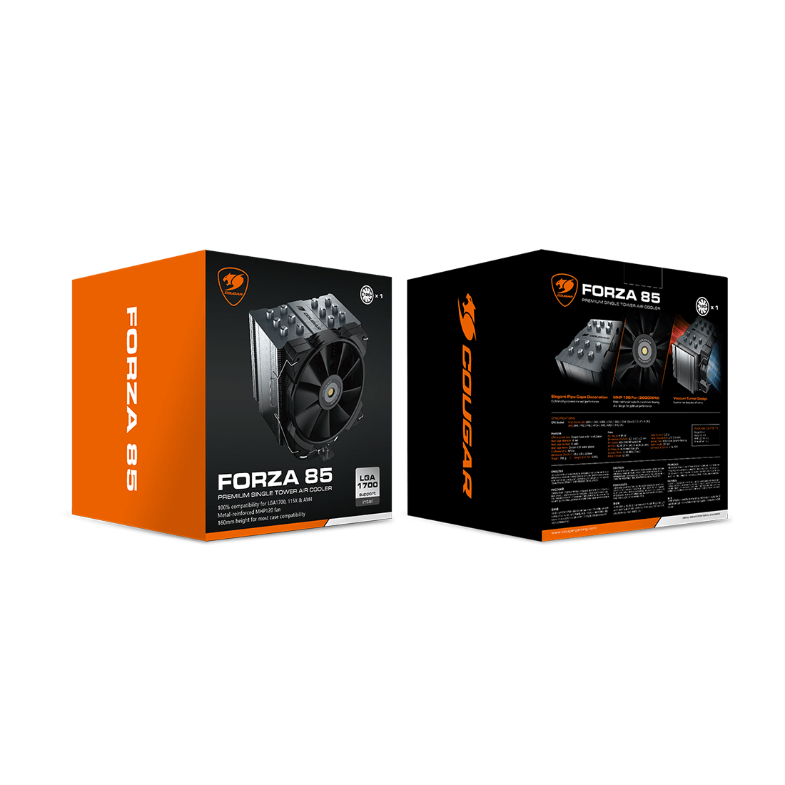 Кулер для процессора, Cougar, Forza 85, Intel 20xx/1851/1366/1700/1200/115х и AMD AM4/AM3(+)/AM2(+)/FM2(+)/FM1, 220W, 120мм, 600-2000±10%/об/м, 82.48/143.53 CFM, 31.68 dB(A), 4pin, 135х110x160мм, Черный