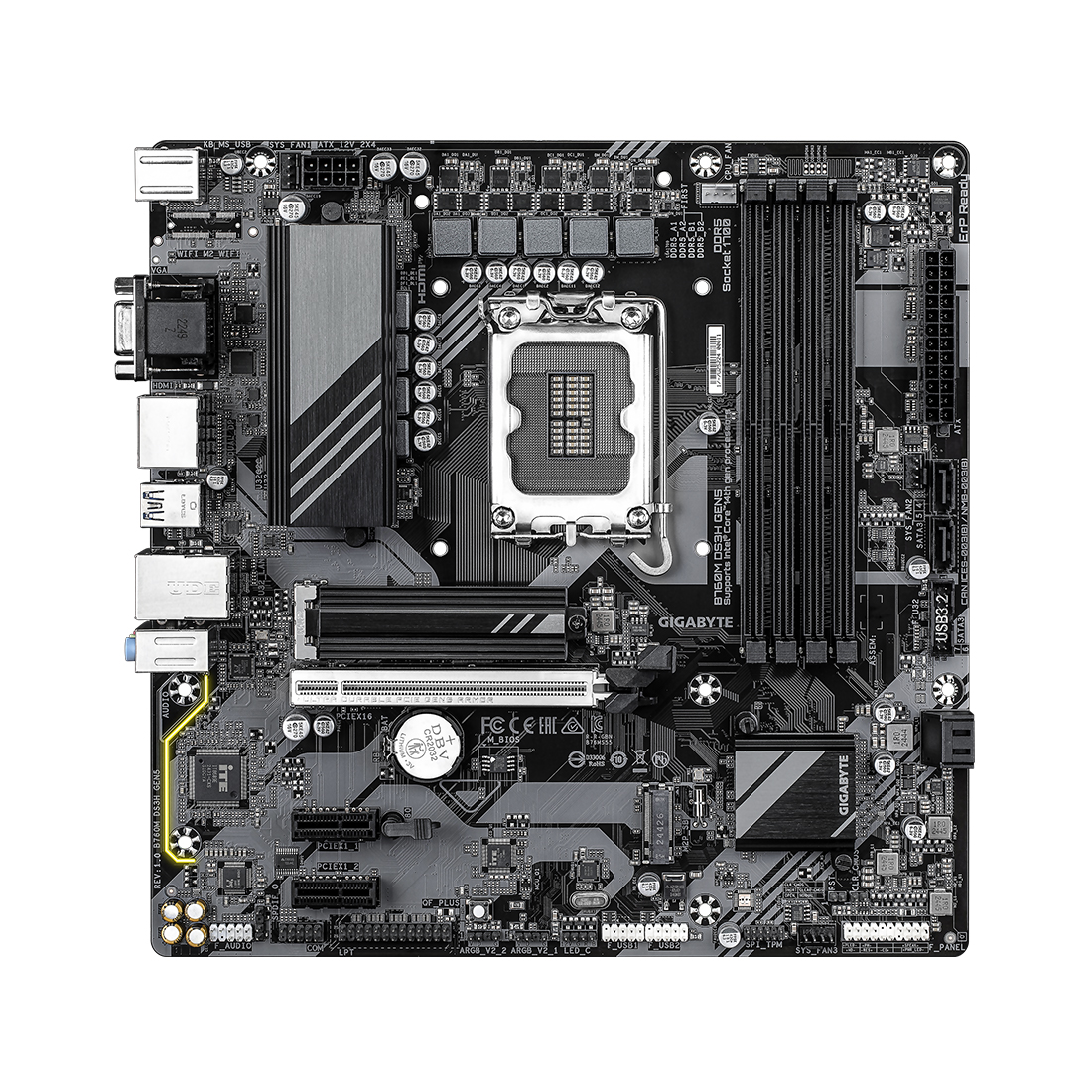 Материнская плата, Gigabyte, B760M DS3H GEN5 (4719331872793), LGA1700, iB760, 4xDDR5 4400/4800/5200/5600, 4xSATA3, 2xM.2 (PCI-E 4.0x4/x2), Raid, 1xD-Sub, 2хDP, 1xHDMI, 3xPCI-Ex16, mATX