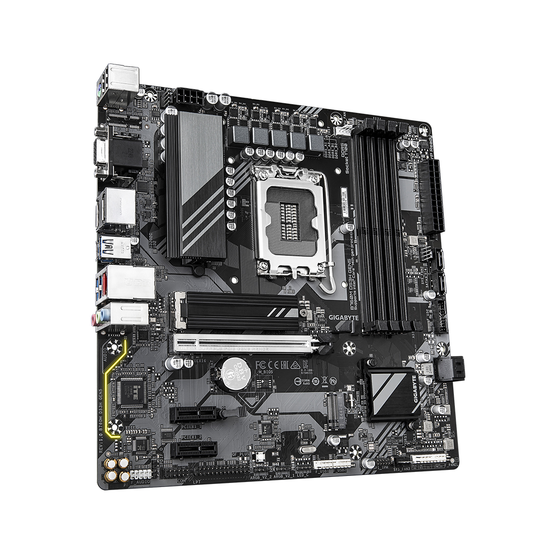 Материнская плата, Gigabyte, B760M DS3H GEN5 (4719331872793), LGA1700, iB760, 4xDDR5 4400/4800/5200/5600, 4xSATA3, 2xM.2 (PCI-E 4.0x4/x2), Raid, 1xD-Sub, 2хDP, 1xHDMI, 3xPCI-Ex16, mATX