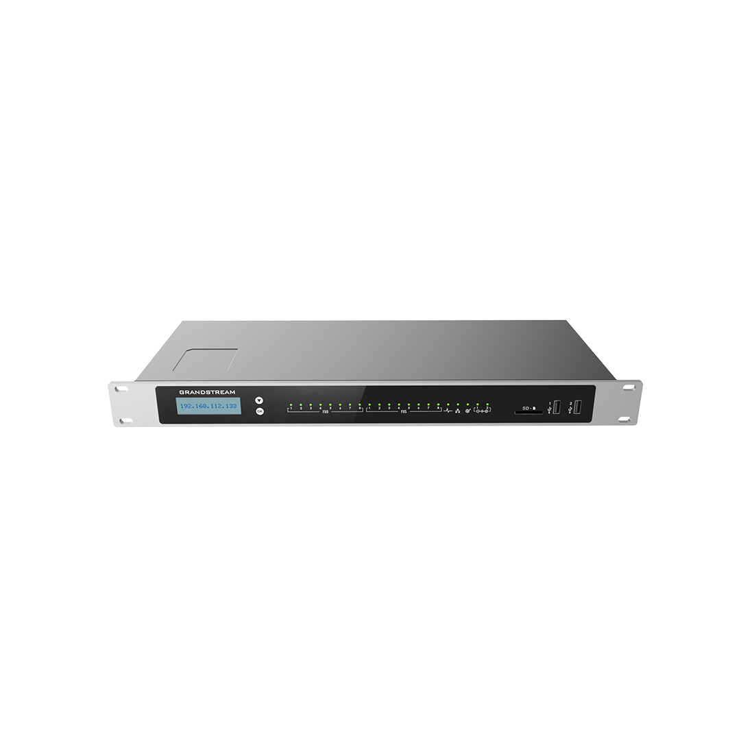 IP-АТС, Grandstream, UCM6308, 8 RJ11 FXS, 8 RJ11 FXO, 2x GbE PoE LAN/WAN, 1 порт горячего резервирования, 3000 пользователей SIP, 300 одновременных вызовов, UCM RC, VideoServer, блок питания 12 В/2 А