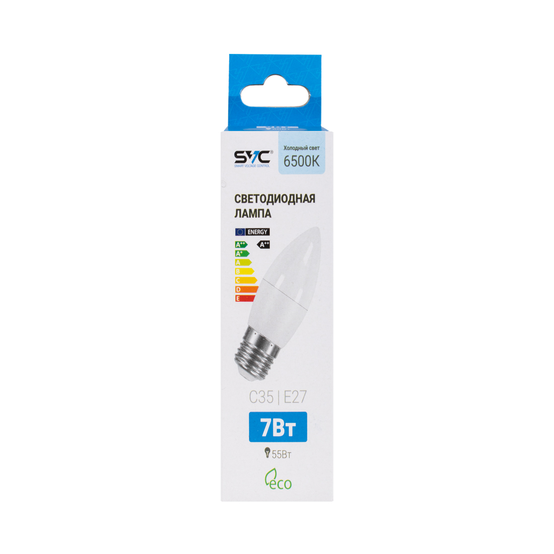 Лампа светодиодная, SVC, LED C35-7W-E27-6500K, Свеча, Мощность 7Вт, Тип колбы C35, Цвет. температура 6500K, Цоколь E27, Холодный