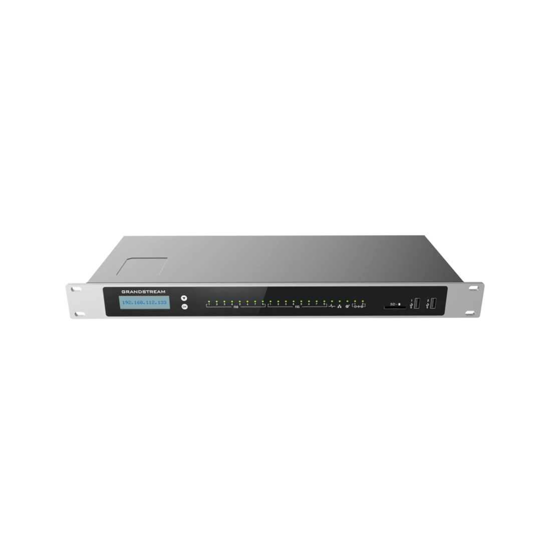 IP-АТС, Grandstream, UCM6308A, 8 RJ11 FXS, 8 RJ11 FXO, 2x GbE PoE LAN/WAN, 1 порт горячего резервирования, 1500 пользователей SIP, 200 одновременных вызовов, UCM RC, блок питания 12 В/2 А