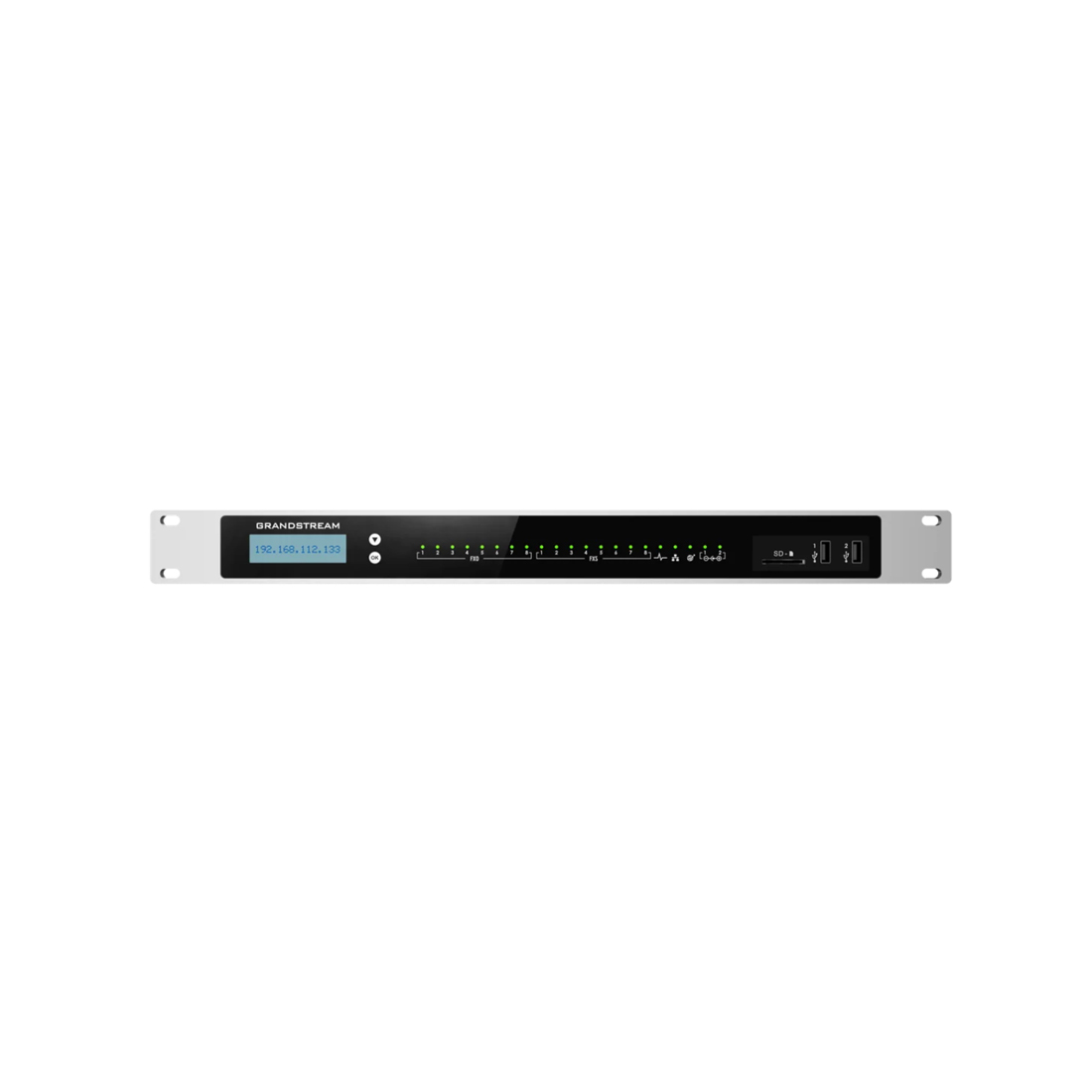 IP-АТС, Grandstream, UCM6308A, 8 RJ11 FXS, 8 RJ11 FXO, 2x GbE PoE LAN/WAN, 1 порт горячего резервирования, 1500 пользователей SIP, 200 одновременных вызовов, UCM RC, блок питания 12 В/2 А