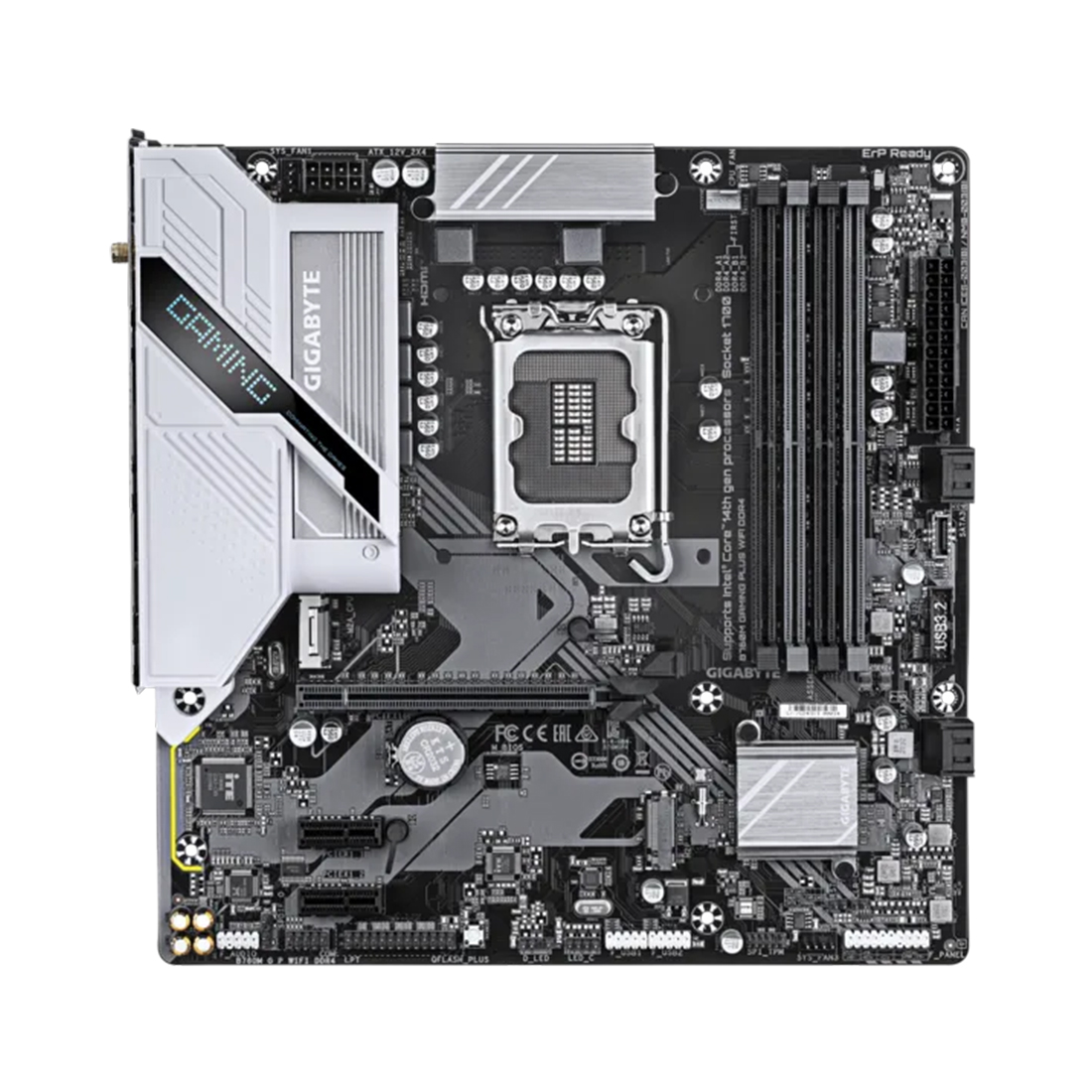 Материнская плата, Gigabyte B760M GAMING PLUS WIFI DDR4 (4719331862855), LGA1700, iB760, 4xDDR4 2133/2400/2666/2933/3200/5333(OC), 4xSATA3, 2xM.2 (PCI-E 4.0x4/x2), Raid, 1хDP, 1xHDMI, 1xPCI-Ex16, 2xPCI-Ex1, WiFi, mATX