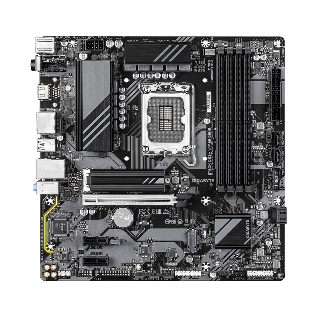 Материнская плата, Gigabyte, B760M DS3H WIFI6E GEN5 (4719331872809), LGA1700, iB760, 4xDDR5 4400/4800/5200/5600/7600(OC), 4xSATA3, 2xM.2 (PCI-E 4.0x4/x2), Raid, 2хDP, 1xHDMI, 3xPCI-Ex16, WiFi, mATX