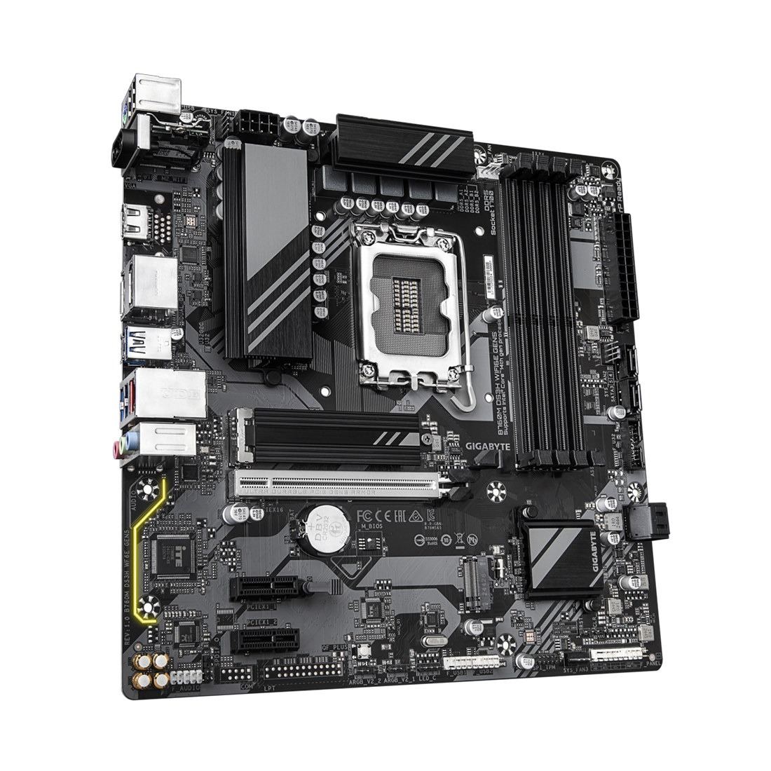 Материнская плата, Gigabyte, B760M DS3H WIFI6E GEN5 (4719331872809), LGA1700, iB760, 4xDDR5 4400/4800/5200/5600/7600(OC), 4xSATA3, 2xM.2 (PCI-E 4.0x4/x2), Raid, 2хDP, 1xHDMI, 3xPCI-Ex16, WiFi, mATX